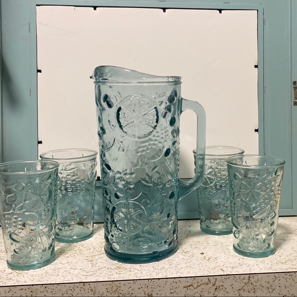 Blue Glass Pitcher and Tumbler Set